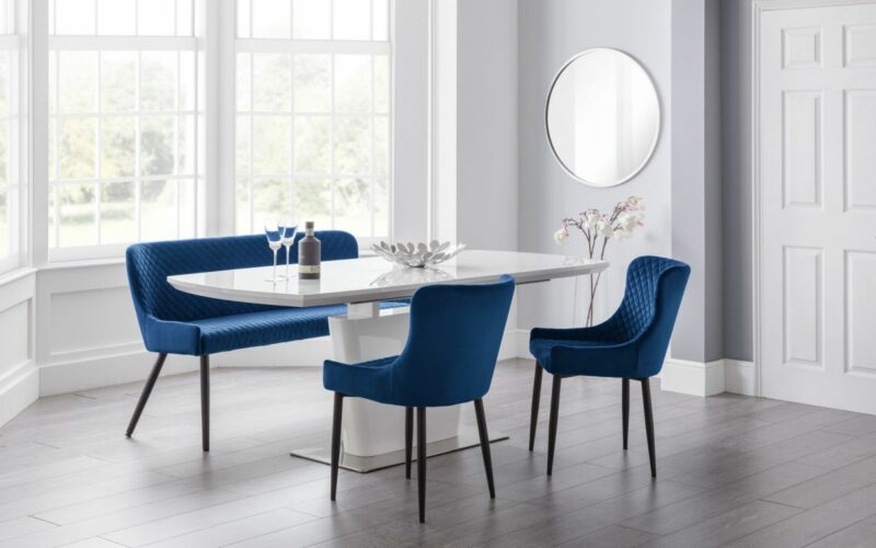 Como & Luxe 4 Seater Blue Dining Set (2 Chairs & Bench) - Image 5