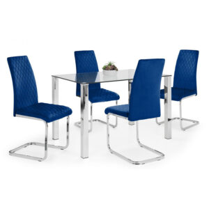 Enzo &  Calabria Cantilever 4 Seater Velvet Blue Dining Set