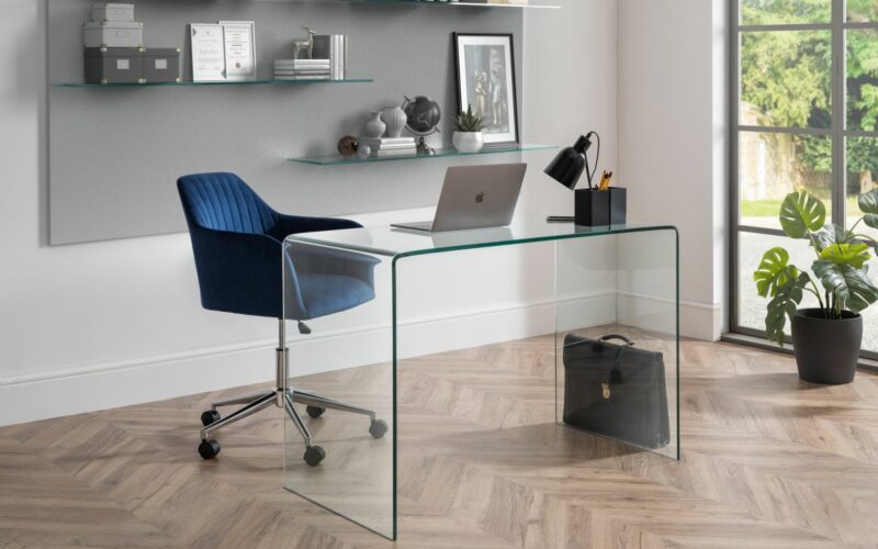 Kahlo Velvet Swivel Office Chair - Blue & Chrome - Image 5
