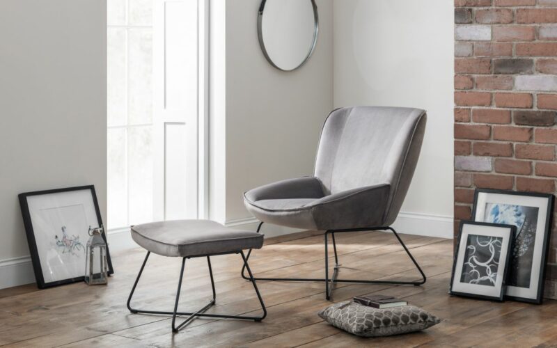 Mila Velvet Accent Chair & Stool - Grey Velvet Fabric (JB) - Image 2